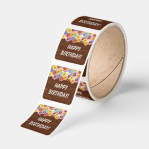 Colorful Daisies on Wood Happy Birthday Square Sticker