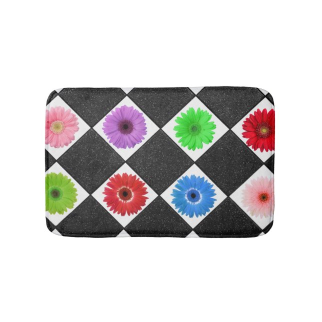 Colorful Daisy Black Rhomboid Bath Mat (Front)