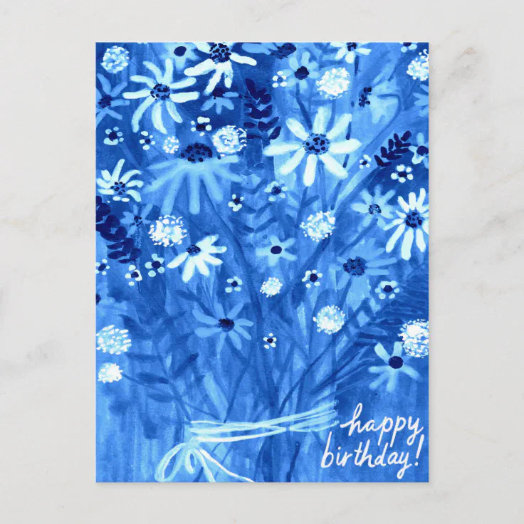 Colorful Daisy Bouquet Blue Birthday Postcard Zazzle