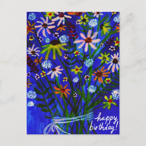 Colorful Daisy Bouquet Blue Colorful Birthday Postcard