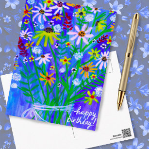 Colorful Daisy Bouquet Blue Happy Birthday Custom Postcard