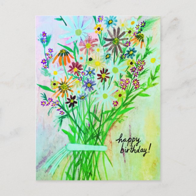 Colorful Daisy Bouquet Happy Birthday Green Postcard (Front)