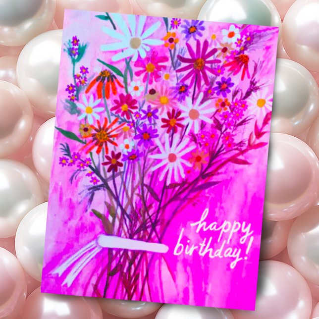 Colorful Daisy Bouquet Happy Birthday Purple Postcard (Colorful pink purple watercolor hand painted daisy wildflower bouquet custom birthday postcard)