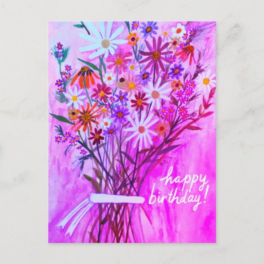 Colorful Daisy Bouquet Happy Birthday Purple Postcard