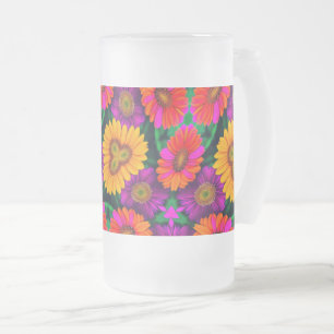 Colorful Daisy Bouquet Pattern Frosted Glass Beer Mug