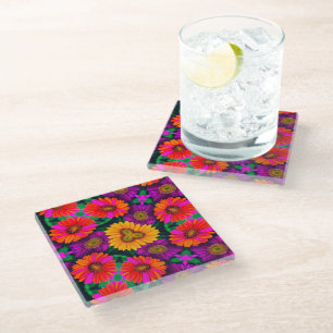 Colorful Daisy Bouquet Pattern Glass Coaster