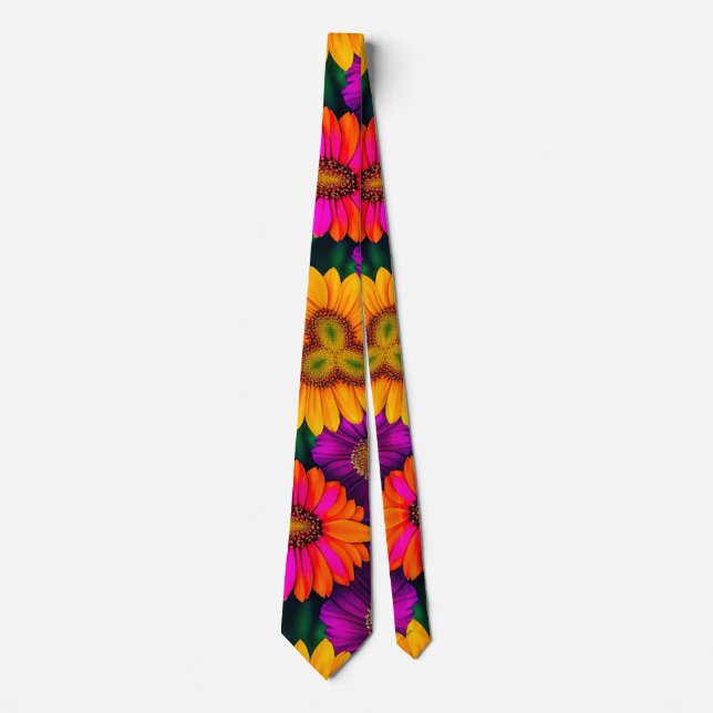 Colorful Daisy Bouquet Pattern Neck Tie (Front)
