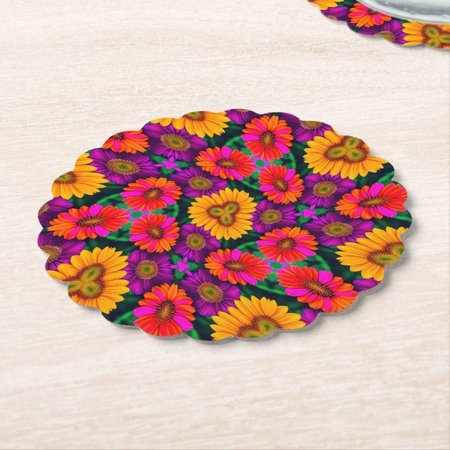 Colorful Daisy Bouquet Pattern Paper Coaster (Angled)
