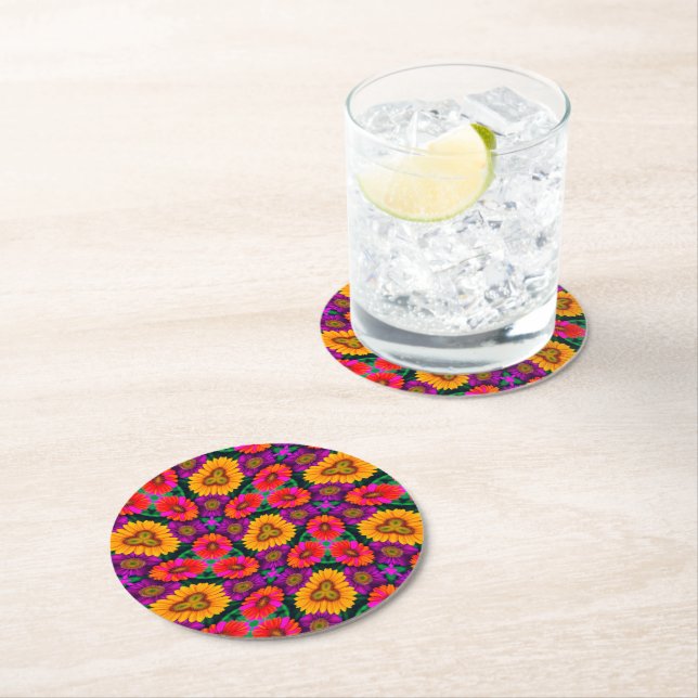 Colorful Daisy Bouquet Pattern Round Paper Coaster (Insitu)