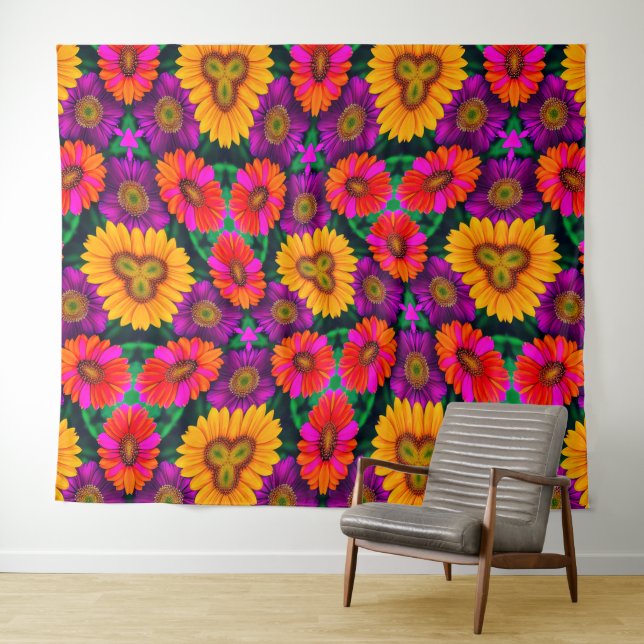 Colorful Daisy Bouquet Pattern Tapestry (In Situ (Horizontal))