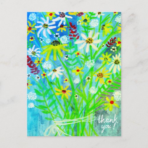 Colorful Daisy Bouquet Thank you Green Postcard