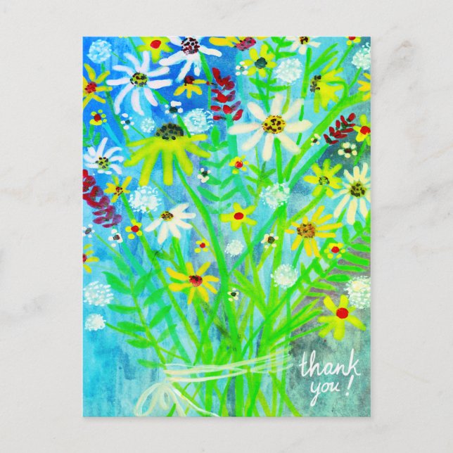 Colorful Daisy Bouquet Thank you Green Postcard (Front)