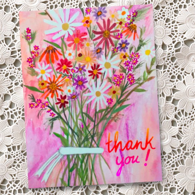 Colorful Daisy Bouquet Thank You Postcard (Pretty watercolor wildflower daisy bouquet custom thank you card)