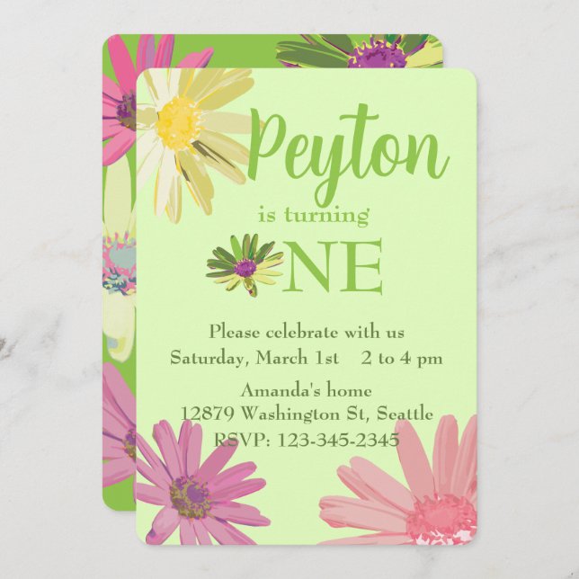 Colorful Daisy First Birthday Invitation (Front/Back)