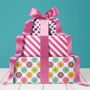 Colorful Daisy Floral Stripes Polka Dot Wrapping Paper Sheets