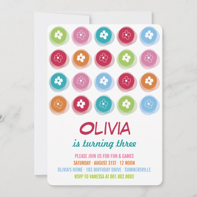 Colorful Daisy Flower Dots Girl Birthday Invite (Front)