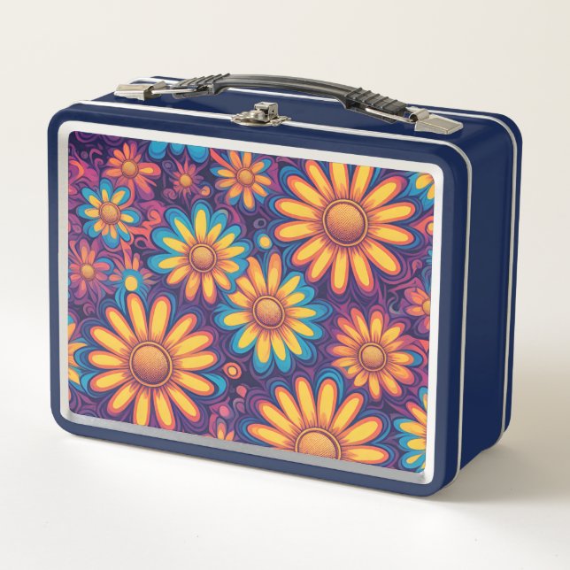 Colorful Daisy flower rustic psychedelic pattern Metal Lunch Box (Front)