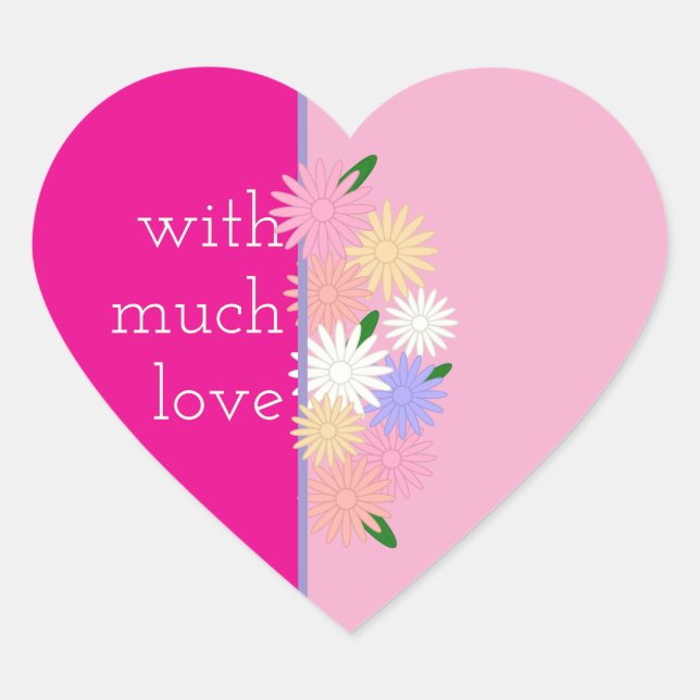 Colorful Daisy Flowers, Personalized Love on Pink Heart Sticker (Front)