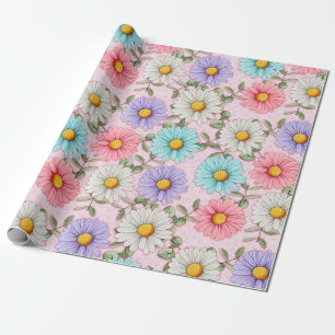 Colorful Daisy Flowers Pink Wrapping Paper