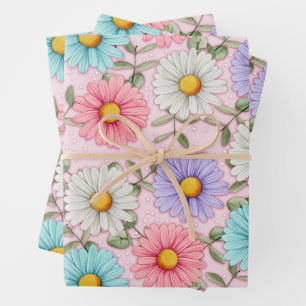Colorful Daisy Flowers Pink  Wrapping Paper Sheets