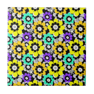 Colorful daisy flowers Yellow Turquoise Purple Ceramic Tile