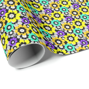 Colorful daisy flowers Yellow Turquoise Purple Wrapping Paper