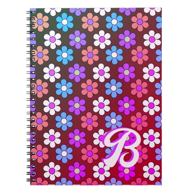 Colorful Daisy Pattern Retro Monogram Notebook (Front)