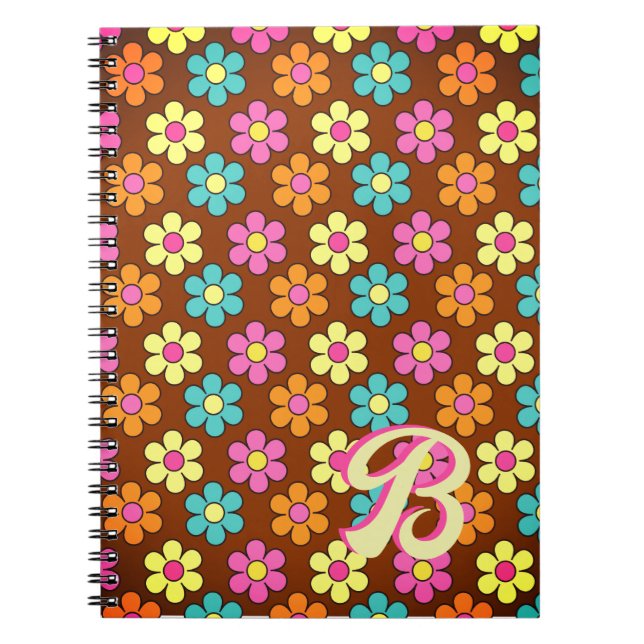 Colorful Daisy Pattern Retro Monogram Notebook (Front)