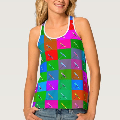 Colorful Daisy Squares on Bright Red Tank Top