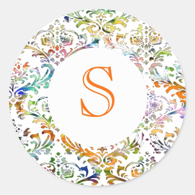 Colorful Damask Customizable Monogram Classic Round Sticker (Front)