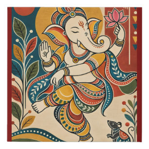 Colorful Dancing Ganesha - Indian Folk Tribal Madh Faux Canvas Print