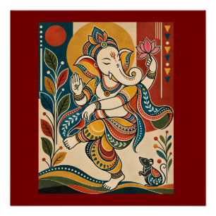 Colorful Dancing Ganesha - Indian Folk Tribal Madh Poster