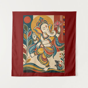 Colorful Dancing Ganesha - Indian Folk Tribal Madh Tapestry