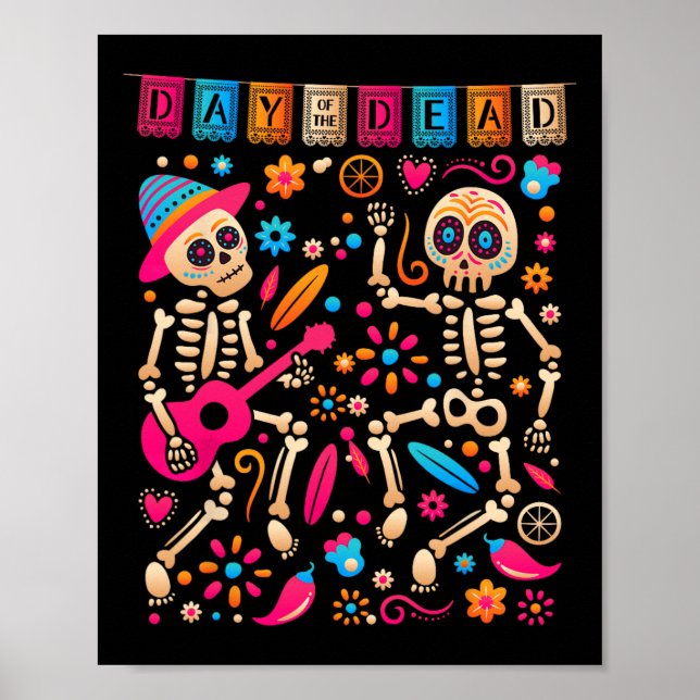 Colorful Dancing Mexican Skeletons - Cute Day Of T Poster (Front)