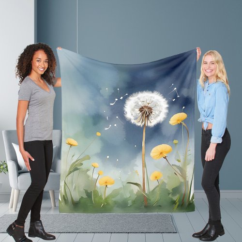 Colorful Dandelion Watercolor Art Fleece Blanket