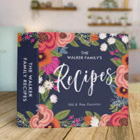 Colorful Dark Blue Boho Flowers Recipes 3 Ring Bin