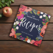 Colorful Dark Blue Boho Flowers Recipes 3 Ring Bin Binder