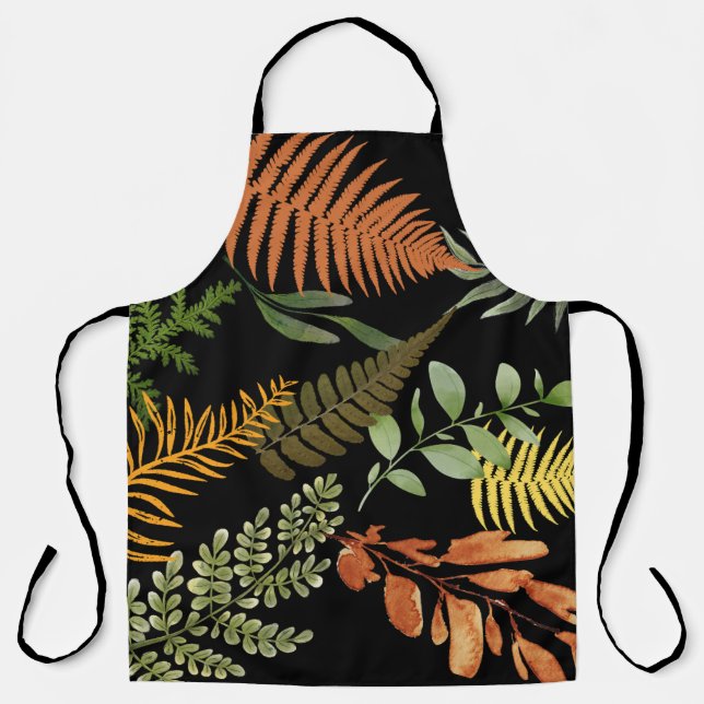 Colorful Dark Fern Botanical Foliage Floral Print Apron (Front)