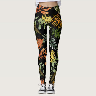 Colorful Dark Fern Botanical Foliage Floral Print Leggings
