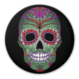 Colorful Day of the Dead Grunge Sugar Skull Ceramic Knob