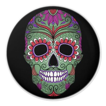 Colorful Day Of The Dead Grunge Sugar Skull Ceramic Knob by Funky_Skull at Zazzle