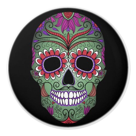 Colorful Day Of The Dead Grunge Sugar Skull Ceramic Knob