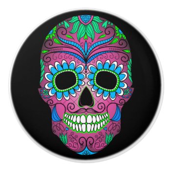 Colorful Day Of The Dead Grunge Sugar Skull Ceramic Knob by Funky_Skull at Zazzle