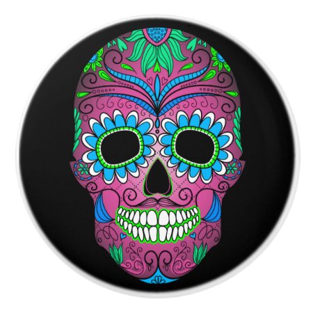 Colorful Day Of The Dead Grunge Sugar Skull Ceramic Knob