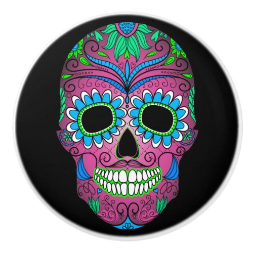 Colorful Day of the Dead Grunge Sugar Skull Ceramic Knob