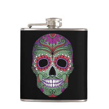 Colorful Day Of The Dead Grunge Sugar Skull Hip Flask by Funky_Skull at Zazzle