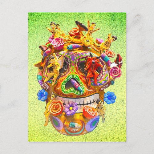 Colorful Day of the Dead Skull Calavera W Flowers Postcard