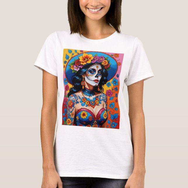 Colorful Day of the Dead Sugar Skull Art Tee (Front)