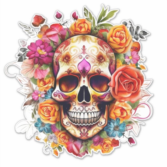 Colorful Day of the Dead Sugar Skull Large  Sticker (Front)