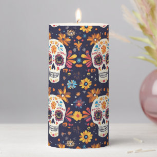 Colorful day of the dead sugar skull pillar candle